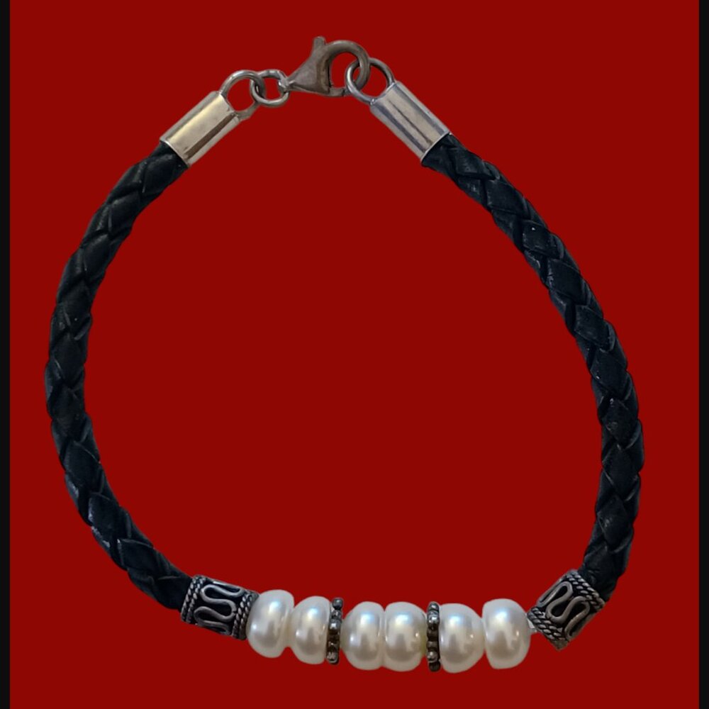 925 Sterling Silver Natural Pearl Braided Leather Bracelet 7.5"